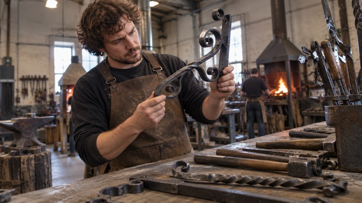examining a finished hand-forged iron object