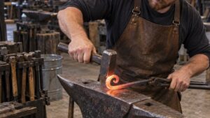 student forging a large decorative wall hook