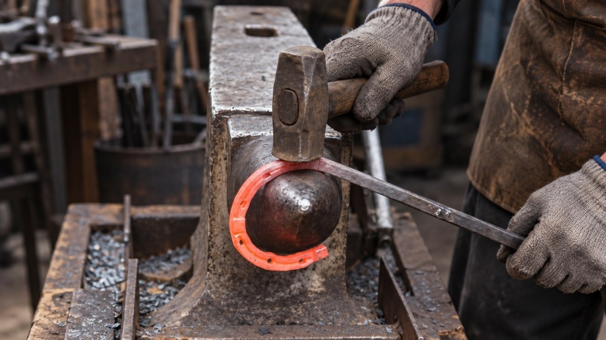 forging, shaping, and fitting iron horseshoe