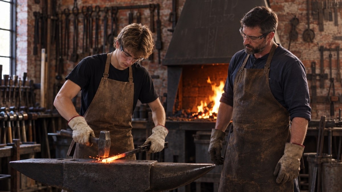 master blacksmith watching an apprentice