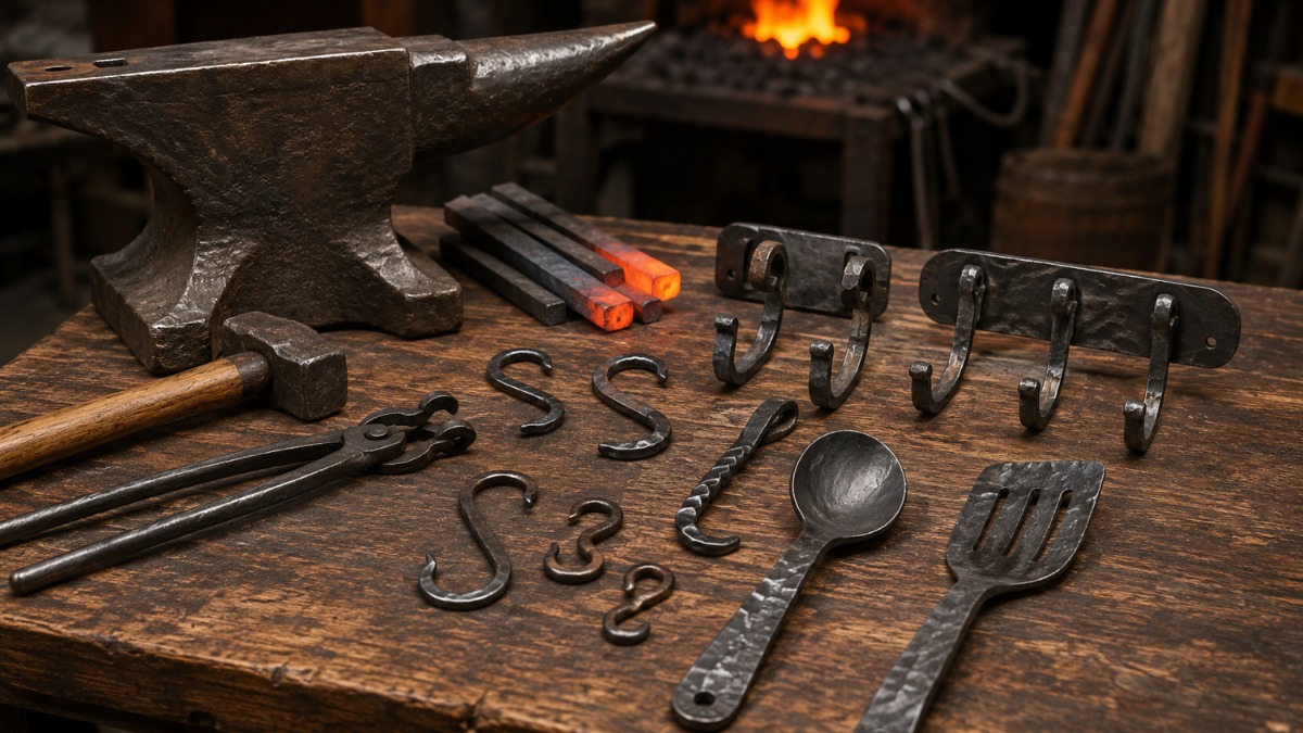 Hand-forged metalware on wooden table.
