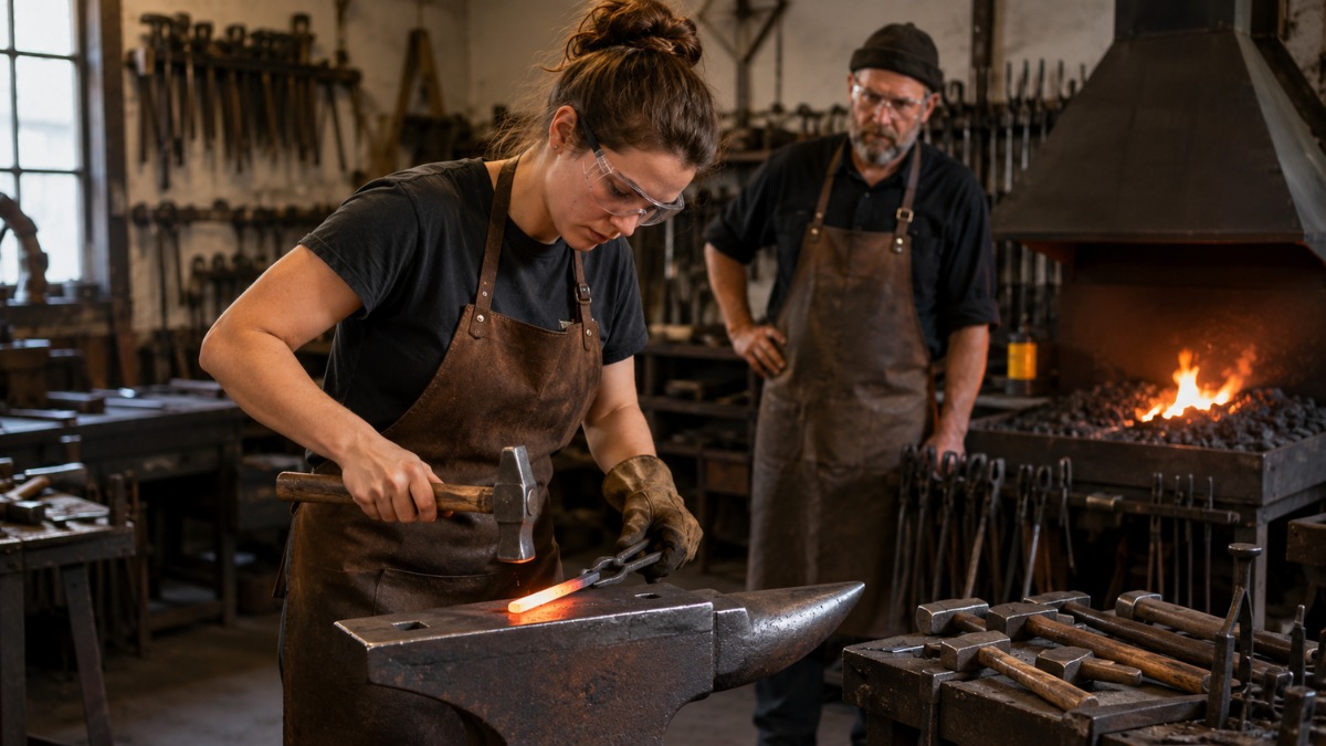 Female blacksmith wearing safety glasses and a leather apron