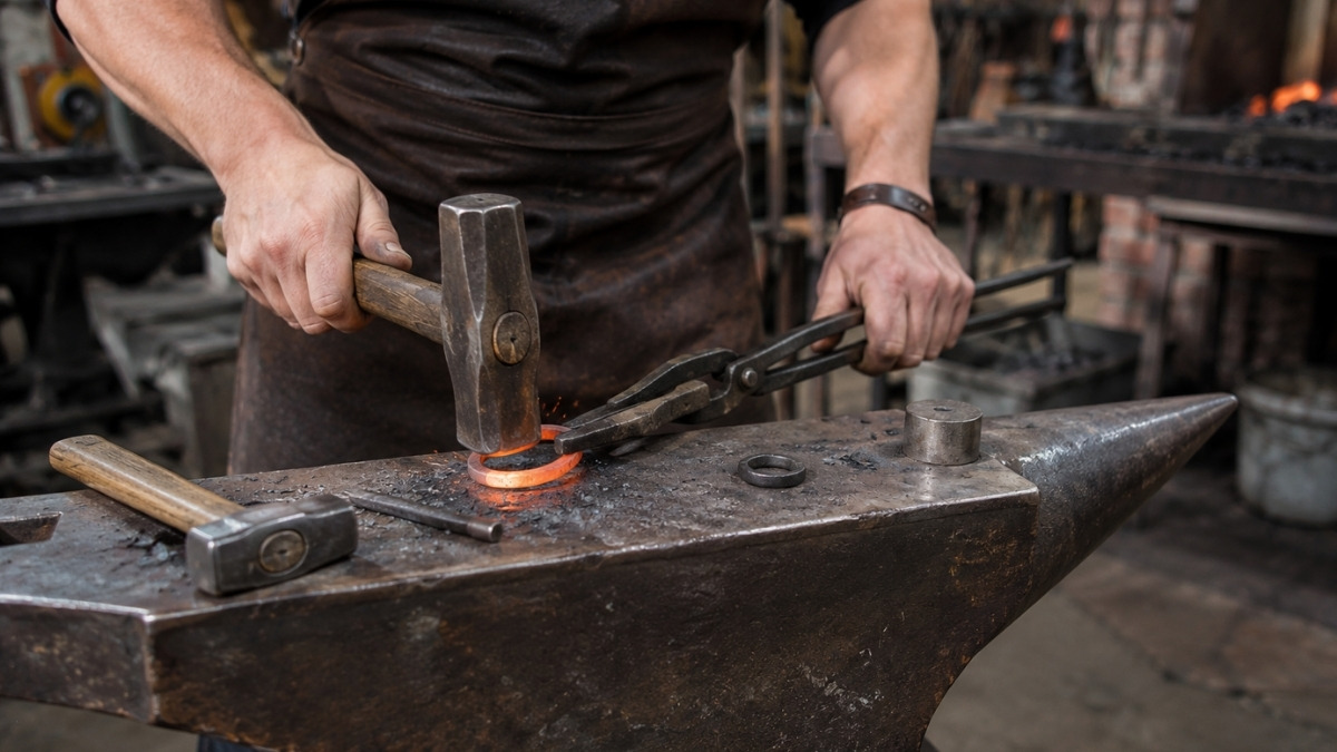 Blacksmith shaping glowing metal ring with hammer and tongs