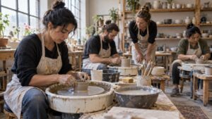 A group of individuals shaping pottery in a bright, inviting ceramic workshop studio.