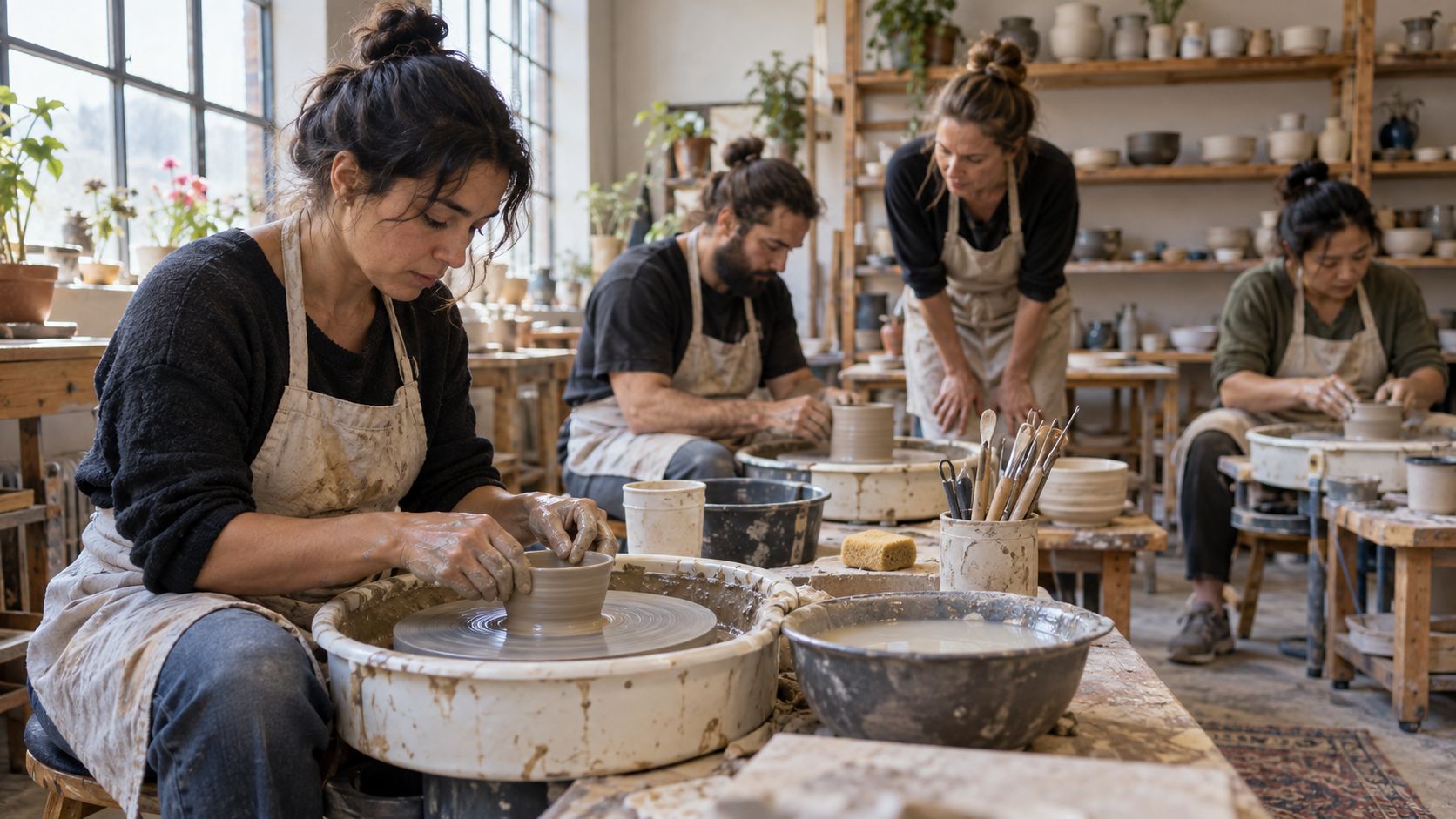 A group of individuals shaping pottery in a bright, inviting ceramic workshop studio.