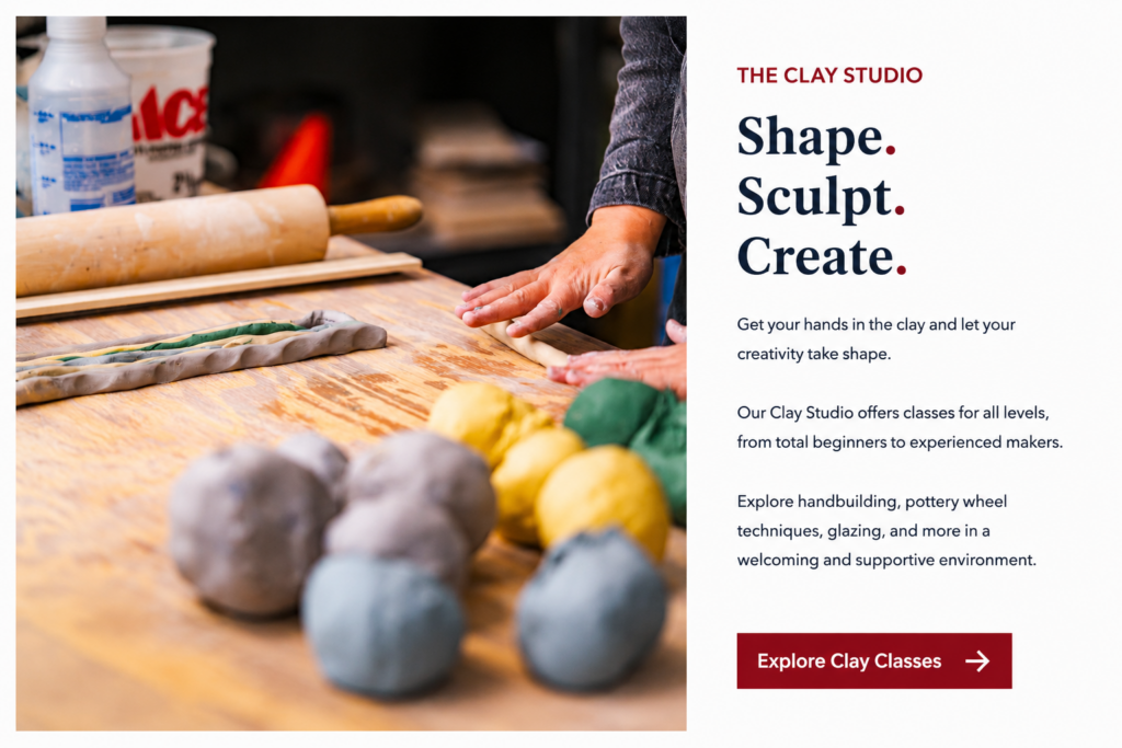 Clay artist handbuilding with colored clay in Brookfield Craft Center's ceramics studio