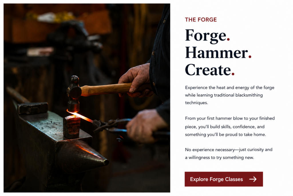 Teacher hammering in the forge at Brookfield Craft Center.