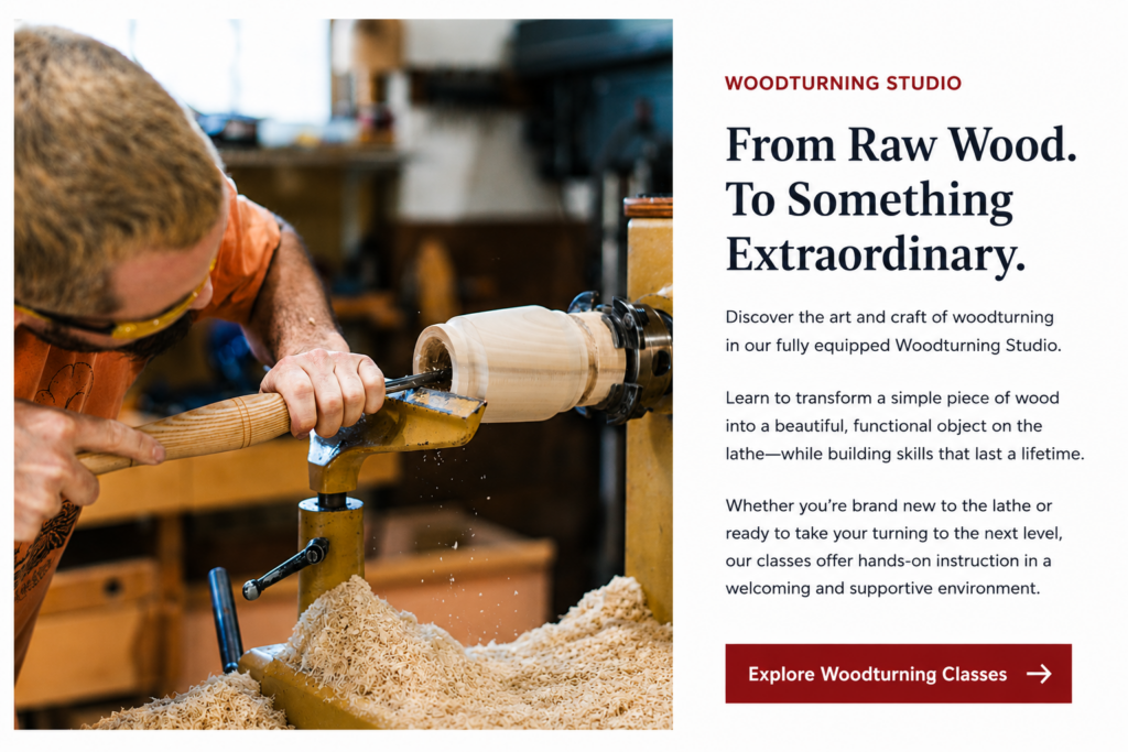 Teacher turning wood at the Brookfield Craft Center